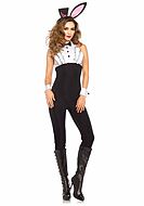 Bunny (woman), costume catsuit, lace ruffles, buttons, bow tie